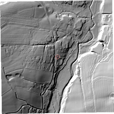 Shaded relief map of the ground around EX100RQ, computed from Environment Agency LiDAR. The ground here sits at about 59 m above sea level and falls 54 m across the surrounding 800 m. Surface water reaching this point runs off ground lying to the west-south-west, 31.4 m higher.
