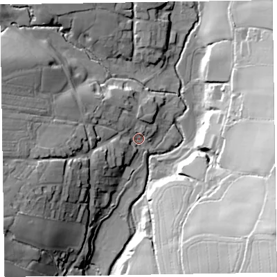 Shaded relief map of the ground around EX100RU, computed from Environment Agency LiDAR. The ground here sits at about 53 m above sea level and falls 62 m across the surrounding 800 m. Surface water reaching this point runs off ground lying to the west-south-west, 29.3 m higher.