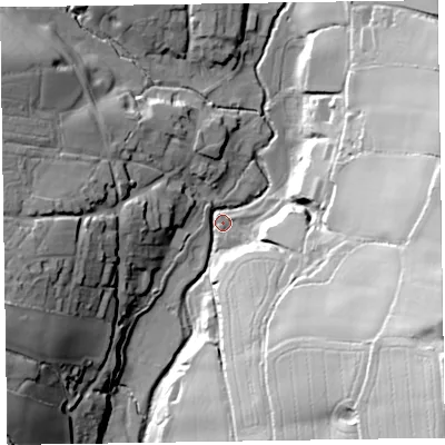Shaded relief map of the ground around EX100RX, computed from Environment Agency LiDAR. The ground here sits at about 50 m above sea level and falls 70 m across the surrounding 800 m. Surface water reaching this point runs off ground lying to the east-south-east, 59.9 m higher.