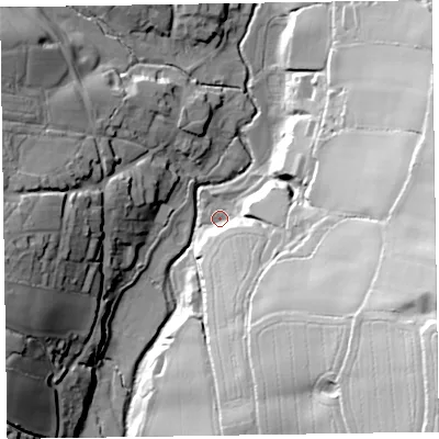 Shaded relief map of the ground around EX100RY, computed from Environment Agency LiDAR. The ground here sits at about 51 m above sea level and falls 74 m across the surrounding 800 m. Surface water reaching this point runs off ground lying to the east-south-east, 43.4 m higher.