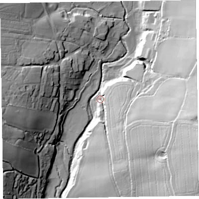 Shaded relief map of the ground around EX100SA, computed from Environment Agency LiDAR. The ground here sits at about 51 m above sea level and falls 66 m across the surrounding 800 m. Surface water reaching this point runs off ground lying to the east-south-east, 58.2 m higher.