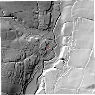 Shaded relief map of the ground around EX100SB, computed from Environment Agency LiDAR. The ground here sits at about 54 m above sea level and falls 70 m across the surrounding 800 m. Surface water reaching this point runs off ground lying to the west-north-west, 6.4 m higher.