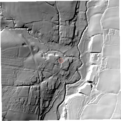 Shaded relief map of the ground around EX100SD, computed from Environment Agency LiDAR. The ground here sits at about 59 m above sea level and falls 58 m across the surrounding 800 m. Surface water reaching this point runs off ground lying to the west, 4.8 m higher.