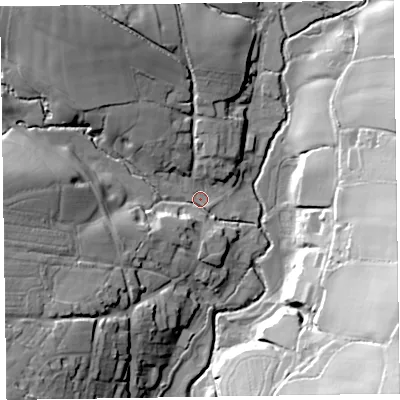 Shaded relief map of the ground around EX100SE, computed from Environment Agency LiDAR. The ground here sits at about 55 m above sea level and falls 54 m across the surrounding 800 m. Surface water reaching this point runs off ground lying to the north-west, 28.4 m higher.
