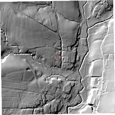 Shaded relief map of the ground around EX100SF, computed from Environment Agency LiDAR. The ground here sits at about 63 m above sea level and falls 42 m across the surrounding 800 m. Surface water reaching this point runs off ground lying to the north-west, 5.9 m higher.