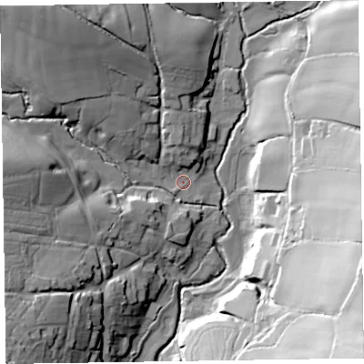 Shaded relief map of the ground around EX100SG, computed from Environment Agency LiDAR. The ground here sits at about 55 m above sea level and falls 59 m across the surrounding 800 m. Surface water reaching this point runs off ground lying to the north-west, 27.9 m higher.
