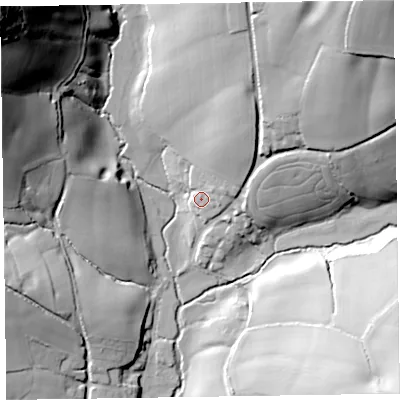 Shaded relief map of the ground around EX100SH, computed from Environment Agency LiDAR. The ground here sits at about 66 m above sea level and falls 79 m across the surrounding 800 m. Surface water reaching this point runs off ground lying to the north-north-east, 17.7 m higher.