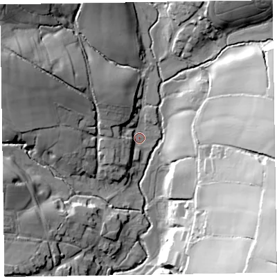 Shaded relief map of the ground around EX100SQ, computed from Environment Agency LiDAR. The ground here sits at about 56 m above sea level and falls 60 m across the surrounding 800 m. Surface water reaching this point runs off ground lying to the north-west, 13.5 m higher.