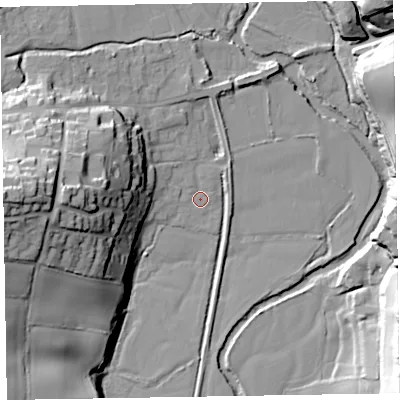 Shaded relief map of the ground around EX100ST, computed from Environment Agency LiDAR. The ground here sits at about 21 m above sea level and falls 41 m across the surrounding 800 m. Surface water reaching this point runs off ground lying to the west, 38.2 m higher.