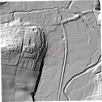 Shaded relief map of the ground around EX100SU, computed from Environment Agency LiDAR. The ground here sits at about 21 m above sea level and falls 41 m across the surrounding 800 m. Surface water reaching this point runs off ground lying to the west, 24.0 m higher.