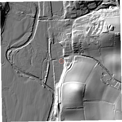 Shaded relief map of the ground around EX100TA, computed from Environment Agency LiDAR. The ground here sits at about 29 m above sea level and falls 58 m across the surrounding 800 m. Surface water reaching this point runs off ground lying to the south-east, 53.4 m higher.