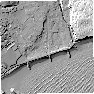 Shaded relief map of the ground around EX108AA, computed from Environment Agency LiDAR. The ground here sits at about 4 m above sea level and falls 43 m across the surrounding 800 m. Surface water reaching this point runs off ground lying to the west-north-west, 15.8 m higher.