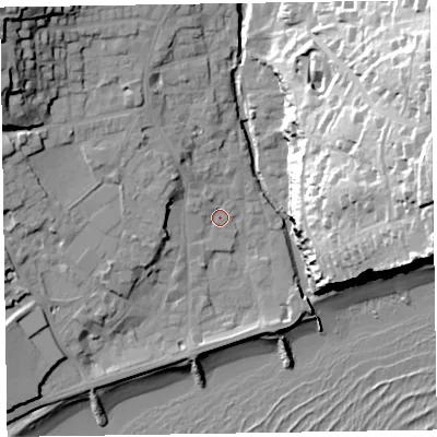 Shaded relief map of the ground around EX108AB, computed from Environment Agency LiDAR. The ground here sits at about 5 m above sea level and falls 50 m across the surrounding 800 m. Surface water reaching this point runs off ground lying to the west-north-west, 10.3 m higher.