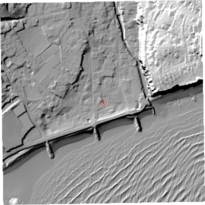 Shaded relief map of the ground around EX108AD, computed from Environment Agency LiDAR. The ground here sits at about 4 m above sea level and falls 49 m across the surrounding 800 m. Surface water reaching this point runs off ground lying to the north-west, 12.8 m higher.