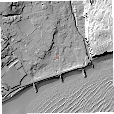 Shaded relief map of the ground around EX108AE, computed from Environment Agency LiDAR. The ground here sits at about 5 m above sea level and falls 42 m across the surrounding 800 m. Surface water reaching this point runs off ground lying to the north-west, 5.0 m higher.