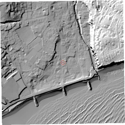 Shaded relief map of the ground around EX108AF, computed from Environment Agency LiDAR. The ground here sits at about 5 m above sea level and falls 46 m across the surrounding 800 m. Surface water reaching this point runs off ground lying to the north-west, 1.3 m higher.