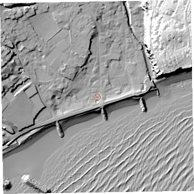Shaded relief map of the ground around EX108AG, computed from Environment Agency LiDAR. The ground here sits at about 4 m above sea level and falls 42 m across the surrounding 800 m. Surface water reaching this point runs off ground lying to the west-north-west, 15.8 m higher.