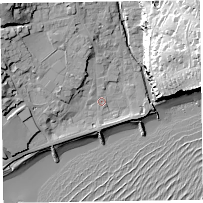 Shaded relief map of the ground around EX108AH, computed from Environment Agency LiDAR. The ground here sits at about 4 m above sea level and falls 46 m across the surrounding 800 m. Surface water reaching this point runs off ground lying to the west-north-west, 14.2 m higher.