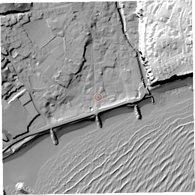 Shaded relief map of the ground around EX108AJ, computed from Environment Agency LiDAR. The ground here sits at about 4 m above sea level and falls 46 m across the surrounding 800 m. Surface water reaching this point runs off ground lying to the west-north-west, 14.3 m higher.