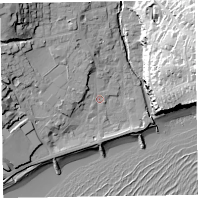 Shaded relief map of the ground around EX108AL, computed from Environment Agency LiDAR. The ground here sits at about 5 m above sea level and falls 46 m across the surrounding 800 m. Surface water reaching this point runs off ground lying to the west, 1.1 m higher.