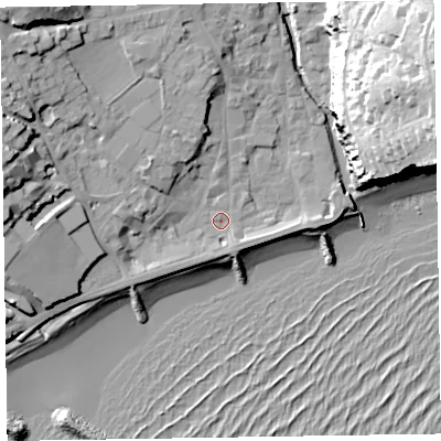 Shaded relief map of the ground around EX108AN, computed from Environment Agency LiDAR. The ground here sits at about 4 m above sea level and falls 42 m across the surrounding 800 m. Surface water reaching this point runs off ground lying to the west-north-west, 15.8 m higher.