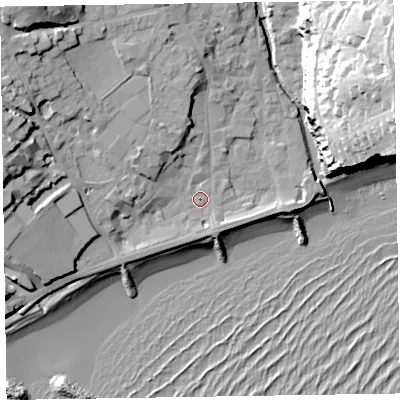 Shaded relief map of the ground around EX108AP, computed from Environment Agency LiDAR. The ground here sits at about 4 m above sea level and falls 41 m across the surrounding 800 m. Surface water reaching this point runs off ground lying to the west-north-west, 15.8 m higher.