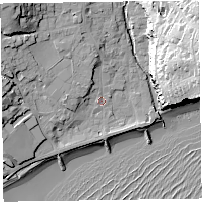 Shaded relief map of the ground around EX108AQ, computed from Environment Agency LiDAR. The ground here sits at about 5 m above sea level and falls 43 m across the surrounding 800 m. Surface water reaching this point runs off ground lying to the north-north-west, 1.4 m higher.