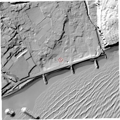 Shaded relief map of the ground around EX108AR, computed from Environment Agency LiDAR. The ground here sits at about 4 m above sea level and falls 39 m across the surrounding 800 m. Surface water reaching this point runs off ground lying to the west-north-west, 16.8 m higher.