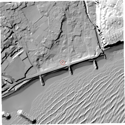 Shaded relief map of the ground around EX108AS, computed from Environment Agency LiDAR. The ground here sits at about 5 m above sea level and falls 40 m across the surrounding 800 m. Surface water reaching this point runs off ground lying to the south-west, 1.2 m higher.