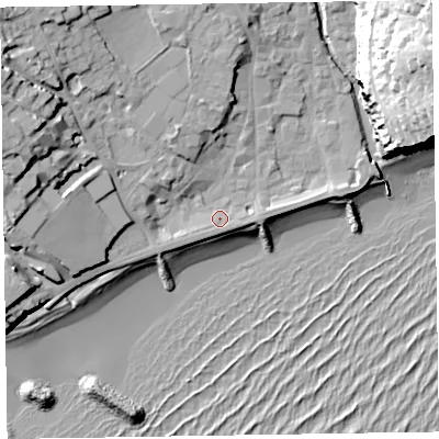 Shaded relief map of the ground around EX108AT, computed from Environment Agency LiDAR. The ground here sits at about 5 m above sea level and falls 38 m across the surrounding 800 m. Surface water reaching this point runs off ground lying to the east, 1.4 m higher.
