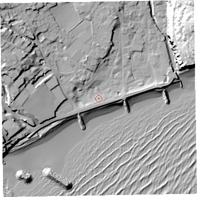 Shaded relief map of the ground around EX108AX, computed from Environment Agency LiDAR. The ground here sits at about 5 m above sea level and falls 37 m across the surrounding 800 m. Surface water reaching this point runs off ground lying to the west-north-west, 16.4 m higher.