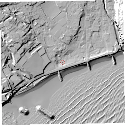 Shaded relief map of the ground around EX108AY, computed from Environment Agency LiDAR. The ground here sits at about 4 m above sea level and falls 30 m across the surrounding 800 m. Surface water reaching this point runs off ground lying to the west-north-west, 16.4 m higher.