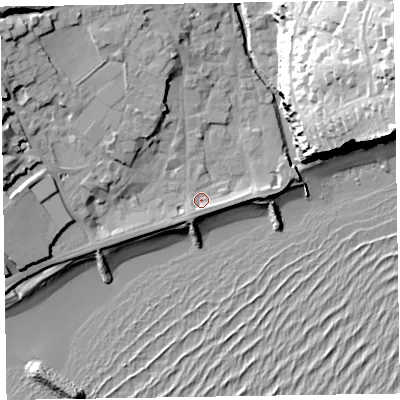 Shaded relief map of the ground around EX108AZ, computed from Environment Agency LiDAR. The ground here sits at about 4 m above sea level and falls 47 m across the surrounding 800 m. Surface water reaching this point runs off ground lying to the north-west, 13.0 m higher.