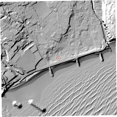 Shaded relief map of the ground around EX108BB, computed from Environment Agency LiDAR. The ground here sits at about 5 m above sea level and falls 35 m across the surrounding 800 m. Surface water reaching this point runs off ground lying to the west, 7.9 m higher.