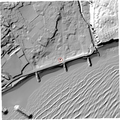 Shaded relief map of the ground around EX108BD, computed from Environment Agency LiDAR. The ground here sits at about 4 m above sea level and falls 42 m across the surrounding 800 m. Surface water reaching this point runs off ground lying to the east, 2.5 m higher.