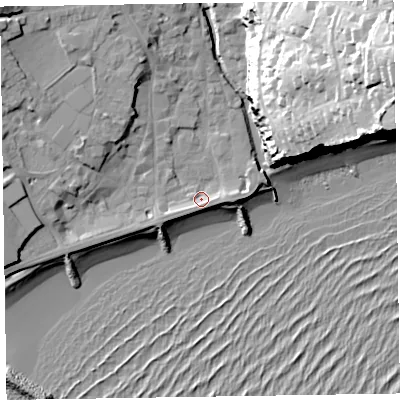 Shaded relief map of the ground around EX108BE, computed from Environment Agency LiDAR. The ground here sits at about 4 m above sea level and falls 53 m across the surrounding 800 m. Surface water reaching this point runs off ground lying to the east-south-east, 2.9 m higher.