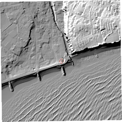 Shaded relief map of the ground around EX108BG, computed from Environment Agency LiDAR. The ground here sits at about 4 m above sea level and falls 60 m across the surrounding 800 m. Surface water reaching this point runs off ground lying to the south-south-east, 2.1 m higher.