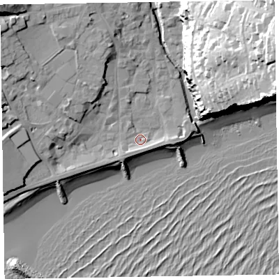 Shaded relief map of the ground around EX108BH, computed from Environment Agency LiDAR. The ground here sits at about 4 m above sea level and falls 51 m across the surrounding 800 m. Surface water reaching this point runs off ground lying to the north-west, 12.0 m higher.