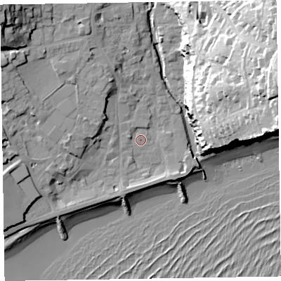 Shaded relief map of the ground around EX108BL, computed from Environment Agency LiDAR. The ground here sits at about 4 m above sea level and falls 51 m across the surrounding 800 m. Surface water reaching this point runs off ground lying to the west-north-west, 10.3 m higher.