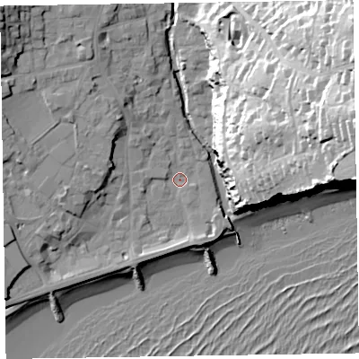 Shaded relief map of the ground around EX108BN, computed from Environment Agency LiDAR. The ground here sits at about 4 m above sea level and falls 57 m across the surrounding 800 m. Surface water reaching this point runs off ground lying to the west-north-west, 8.7 m higher.
