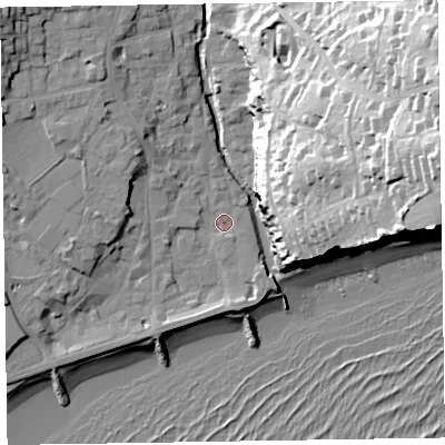 Shaded relief map of the ground around EX108BP, computed from Environment Agency LiDAR. The ground here sits at about 4 m above sea level and falls 57 m across the surrounding 800 m. Surface water reaching this point runs off ground lying to the west-north-west, 9.9 m higher.