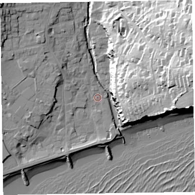 Shaded relief map of the ground around EX108BR, computed from Environment Agency LiDAR. The ground here sits at about 4 m above sea level and falls 58 m across the surrounding 800 m. Surface water reaching this point runs off ground lying to the west-north-west, 9.1 m higher.