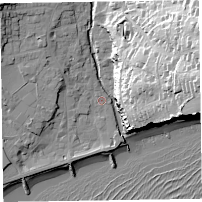 Shaded relief map of the ground around EX108BS, computed from Environment Agency LiDAR. The ground here sits at about 4 m above sea level and falls 58 m across the surrounding 800 m. Surface water reaching this point runs off ground lying to the west-north-west, 9.1 m higher.