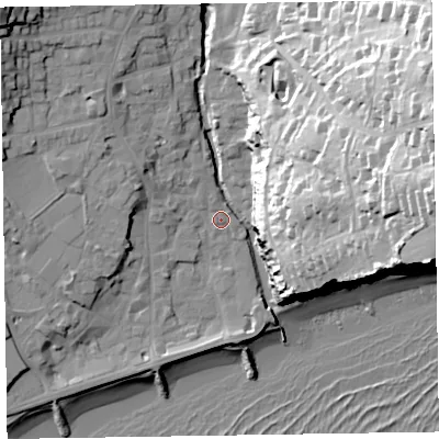 Shaded relief map of the ground around EX108BT, computed from Environment Agency LiDAR. The ground here sits at about 5 m above sea level and falls 57 m across the surrounding 800 m. Surface water reaching this point runs off ground lying to the west-north-west, 4.3 m higher.