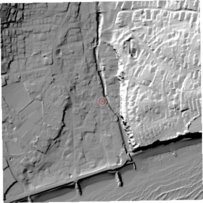 Shaded relief map of the ground around EX108BU, computed from Environment Agency LiDAR. The ground here sits at about 5 m above sea level and falls 57 m across the surrounding 800 m. Surface water reaching this point runs off ground lying to the east, 50.2 m higher.