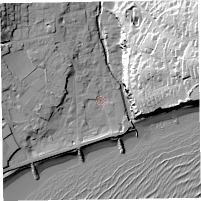 Shaded relief map of the ground around EX108BW, computed from Environment Agency LiDAR. The ground here sits at about 4 m above sea level and falls 54 m across the surrounding 800 m. Surface water reaching this point runs off ground lying to the west-north-west, 9.0 m higher.