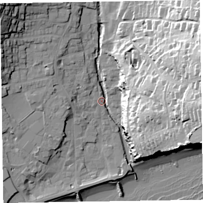 Shaded relief map of the ground around EX108BX, computed from Environment Agency LiDAR. The ground here sits at about 5 m above sea level and falls 55 m across the surrounding 800 m. Surface water reaching this point runs off ground lying to the east-north-east, 49.3 m higher.