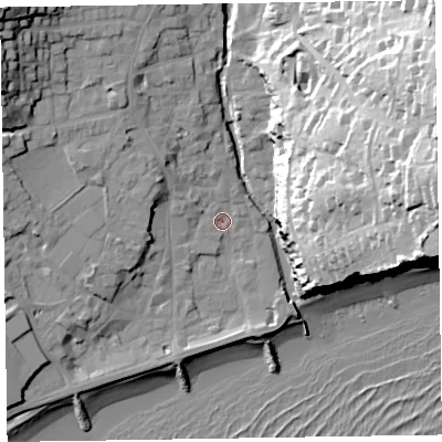 Shaded relief map of the ground around EX108BY, computed from Environment Agency LiDAR. The ground here sits at about 4 m above sea level and falls 53 m across the surrounding 800 m. Surface water reaching this point runs off ground lying to the west-north-west, 10.5 m higher.