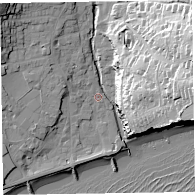 Shaded relief map of the ground around EX108DA, computed from Environment Agency LiDAR. The ground here sits at about 5 m above sea level and falls 57 m across the surrounding 800 m. Surface water reaching this point runs off ground lying to the west-north-west, 4.3 m higher.