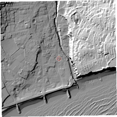 Shaded relief map of the ground around EX108DB, computed from Environment Agency LiDAR. The ground here sits at about 4 m above sea level and falls 56 m across the surrounding 800 m. Surface water reaching this point runs off ground lying to the west-north-west, 9.3 m higher.
